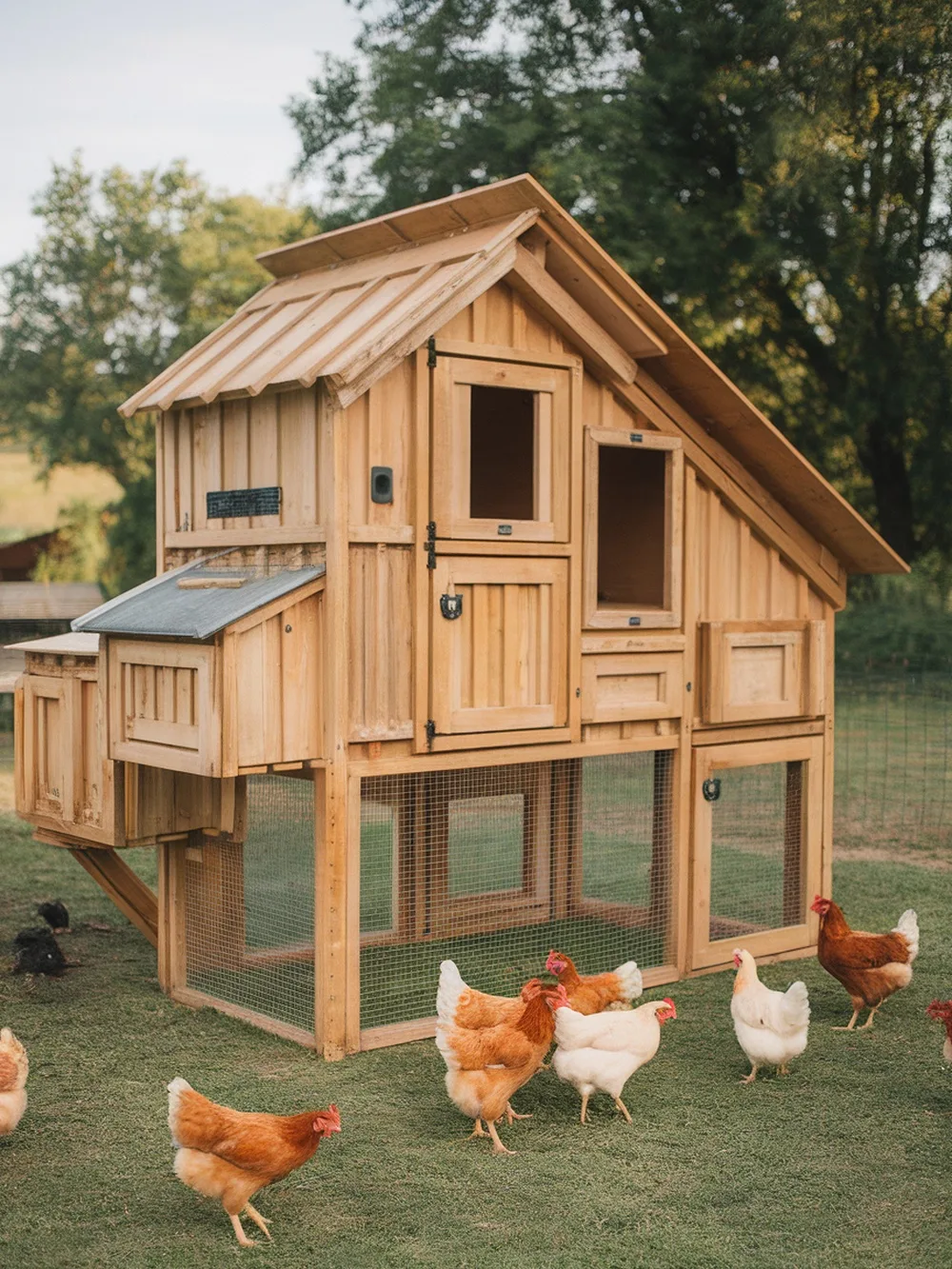 A large wooden chicken coop made from pallets, designed for 10 or more chickens, with several chickens roaming around it.
