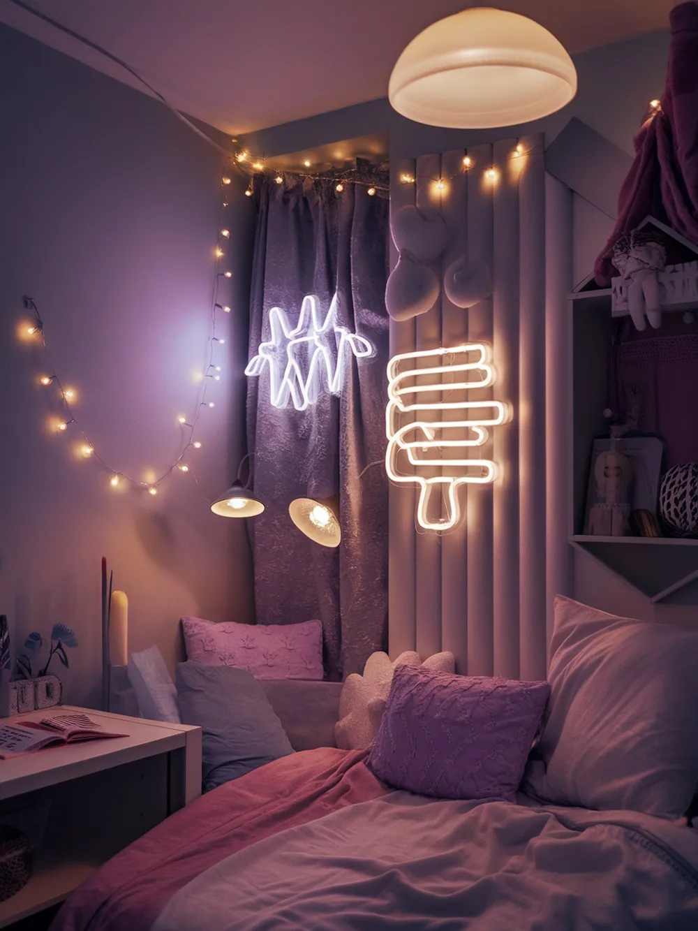 Cozy teen girl bedroom with soft lighting, neon signs, and layered bedding.