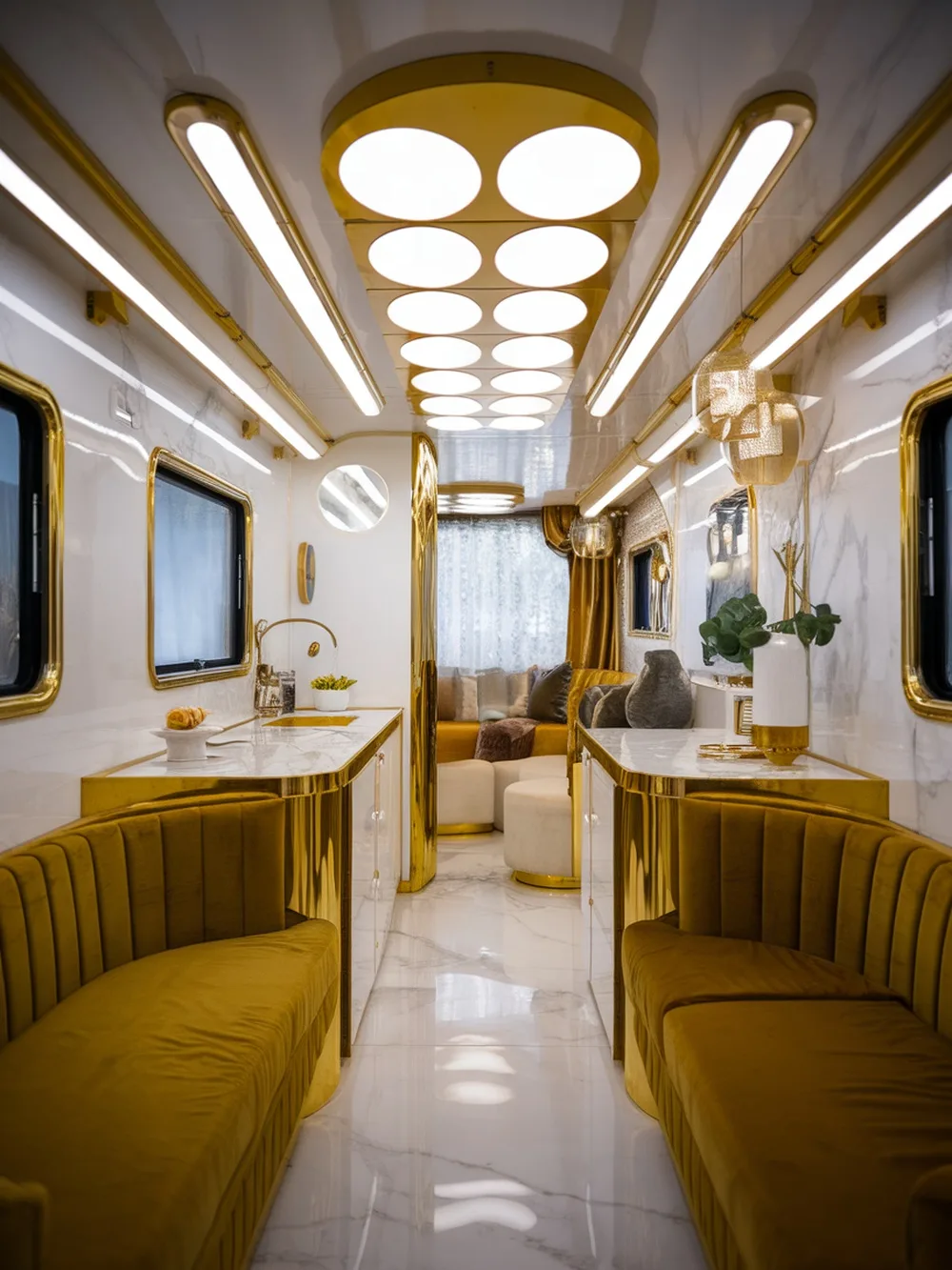 Interior of a luxurious tiny house with gold accents and plush seating.