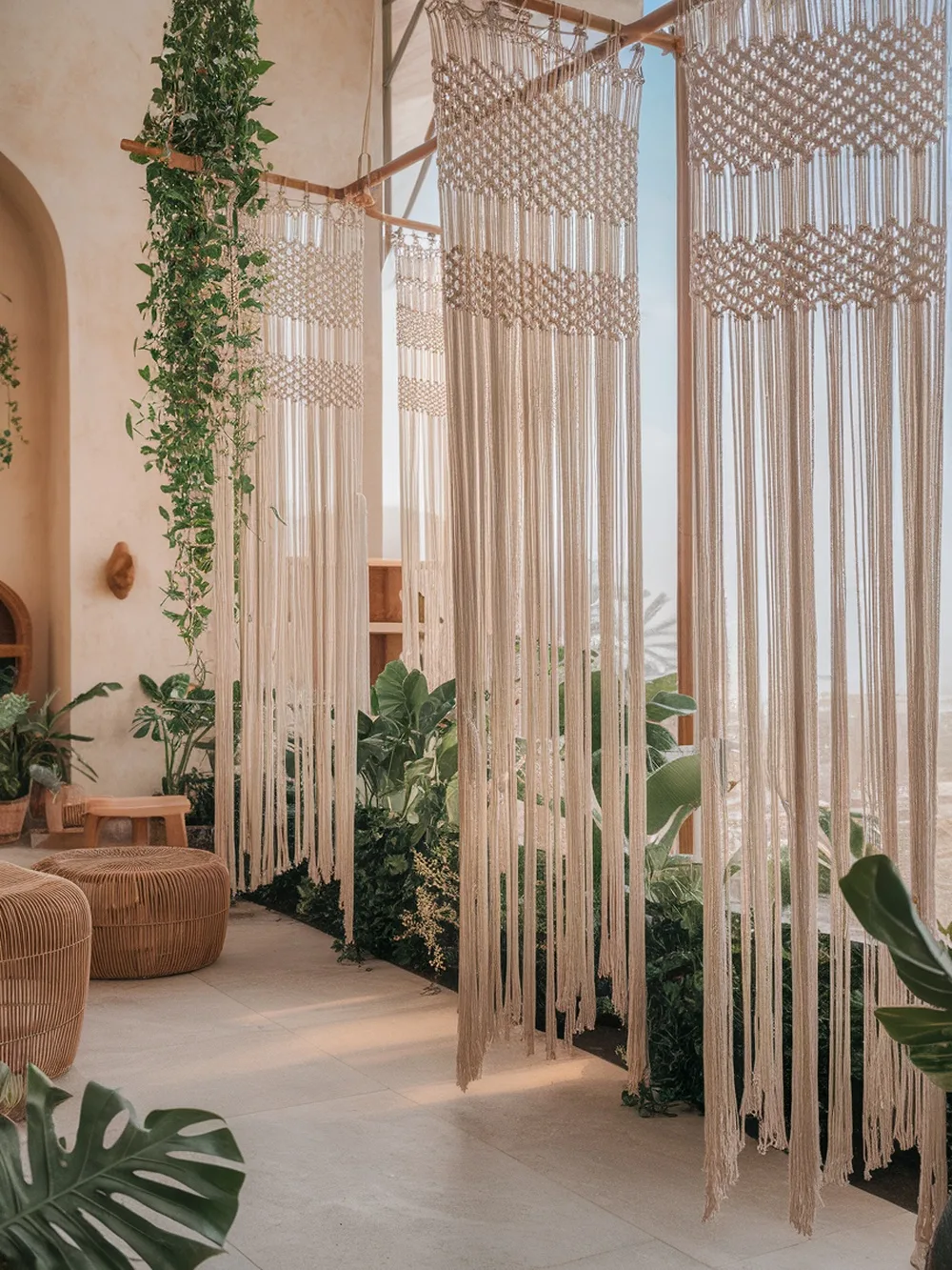 Macrame semi-sheer curtains hanging in a bright space with plants