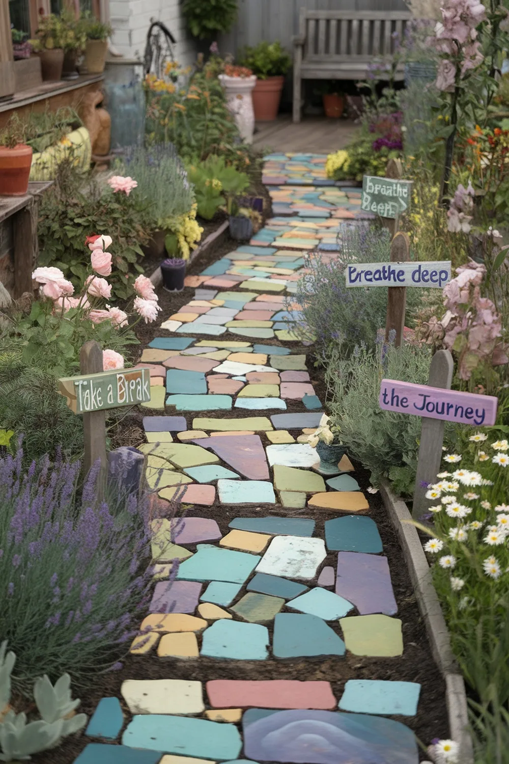 A colorful garden path made of mismatched tiles, surrounded by flowers and greenery, with signs that read 'Breathe deep' and 'Take a Break'.