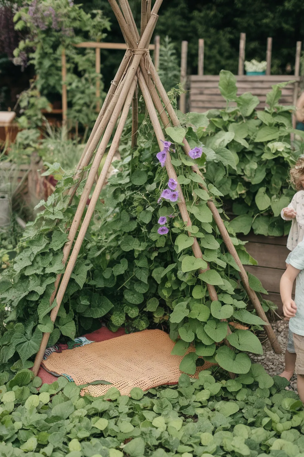 A teepee trellis made of sticks with climbing plants and purple flowers in a garden