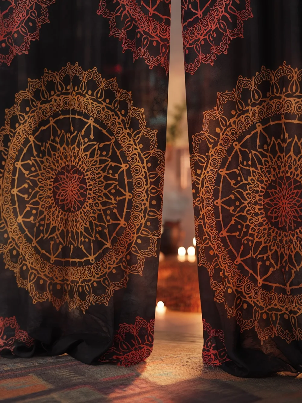 Mandala print curtains with red and gold patterns on a dark background