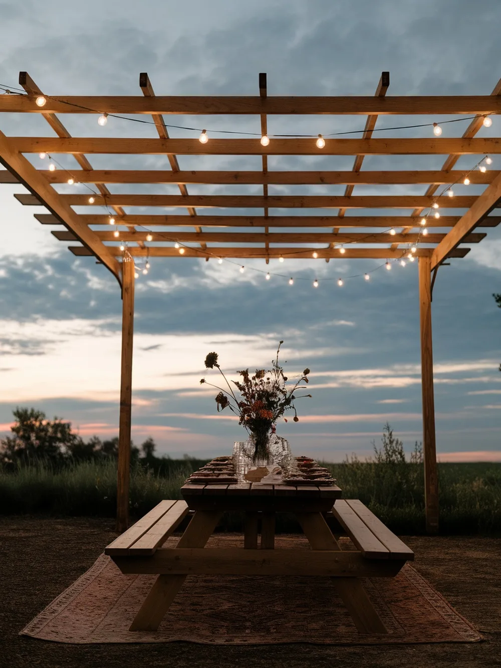 A rustic outdoor setting with a wooden pergola and string lights.
