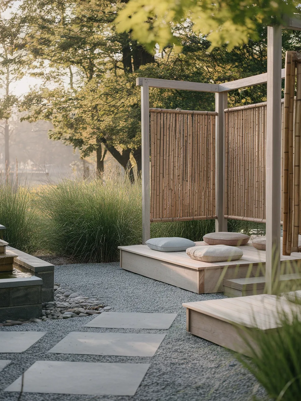 A serene meditation space with a wooden platform, cushions, and bamboo screens surrounded by gravel and tall grasses.