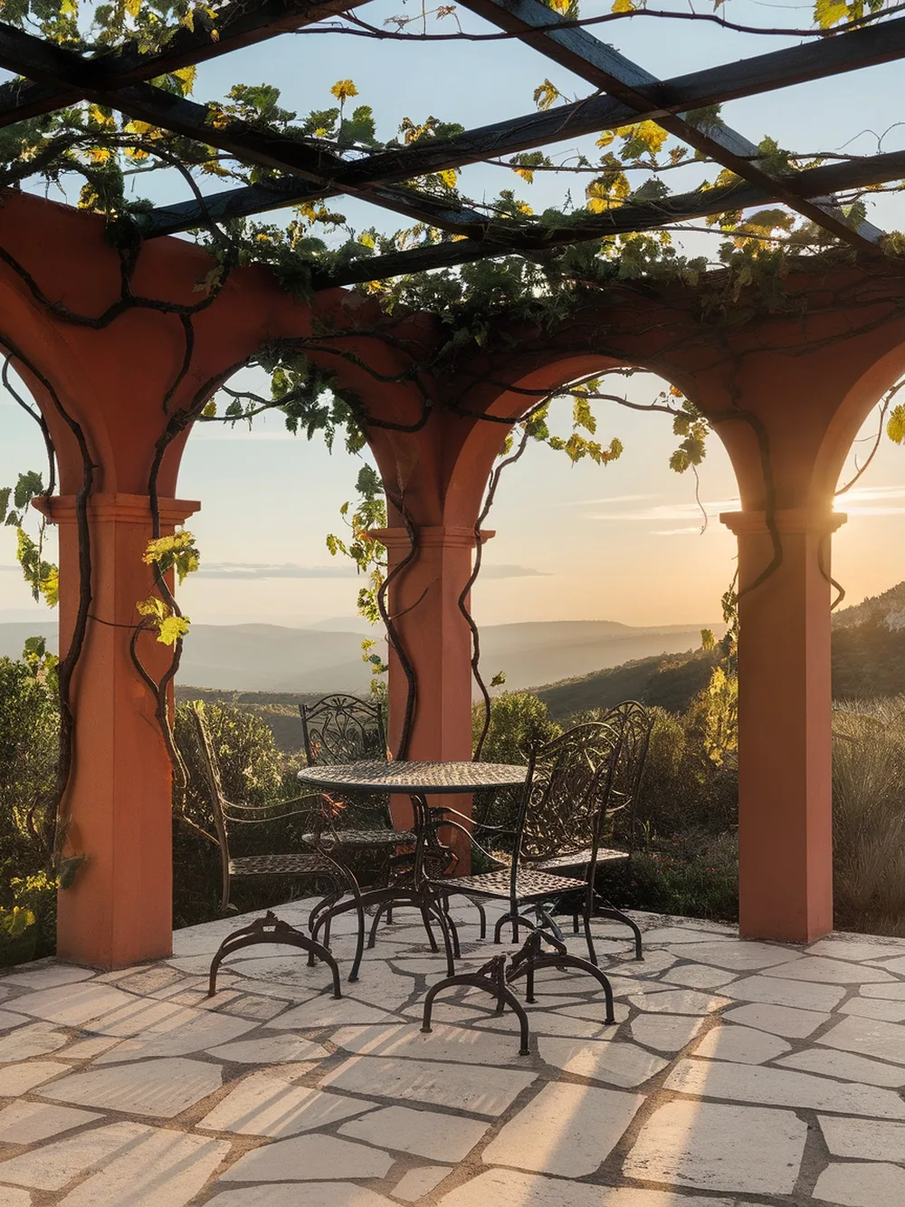 A Mediterranean corner pergola with arches and vines, featuring a table and chairs, overlooking a scenic view.