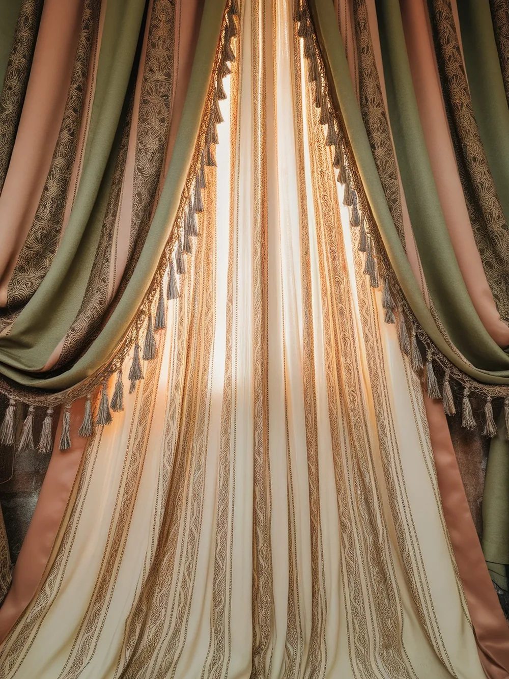 Metallic-threaded curtains in soft greens and peach tones with tassels