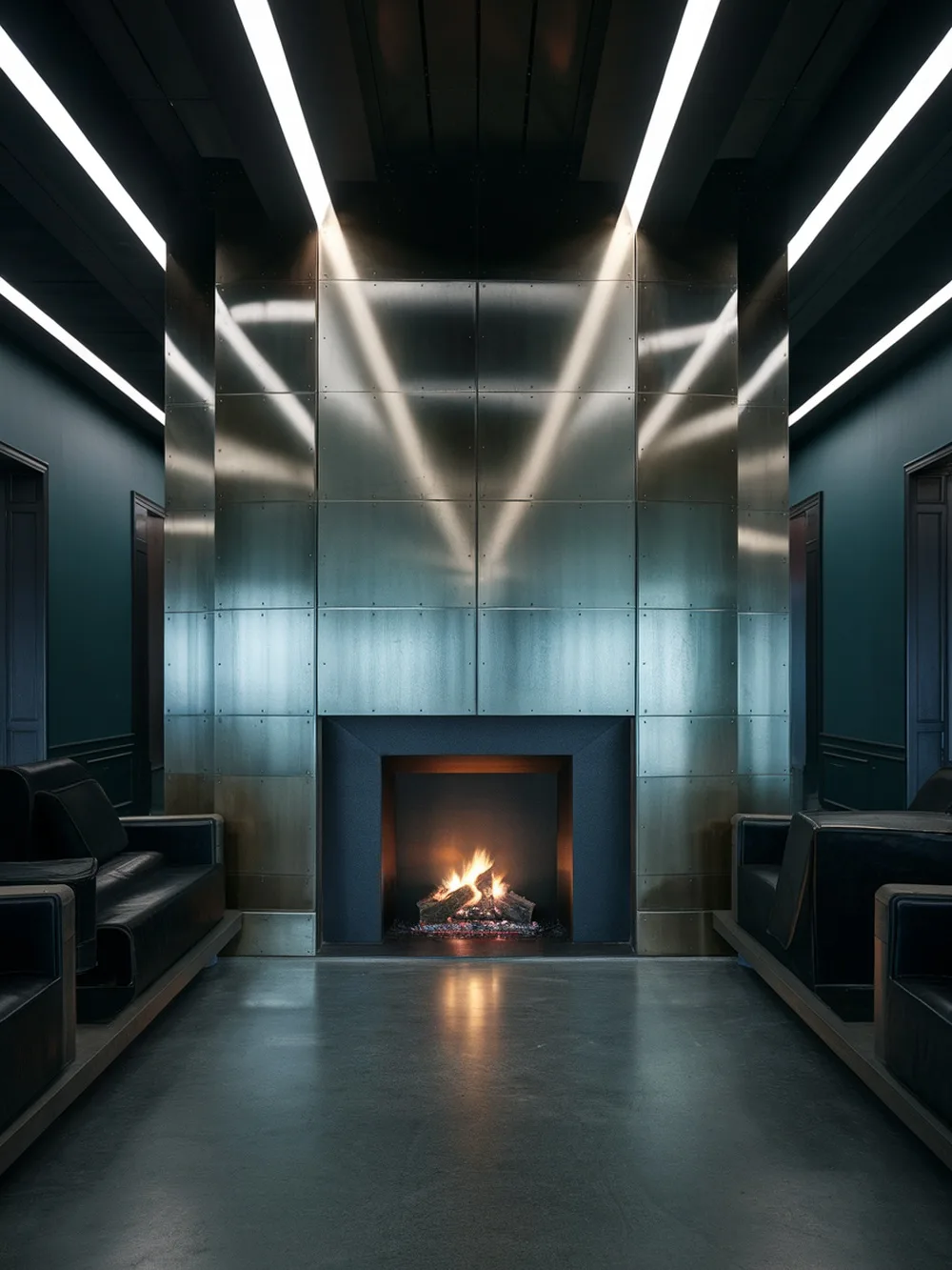 A modern metallic fire surround with a cozy fire burning in the fireplace.