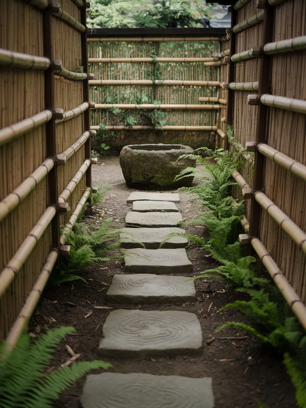 A serene pathway in a miniature tea garden, lined with stones and ferns, leading to a stone basin.
