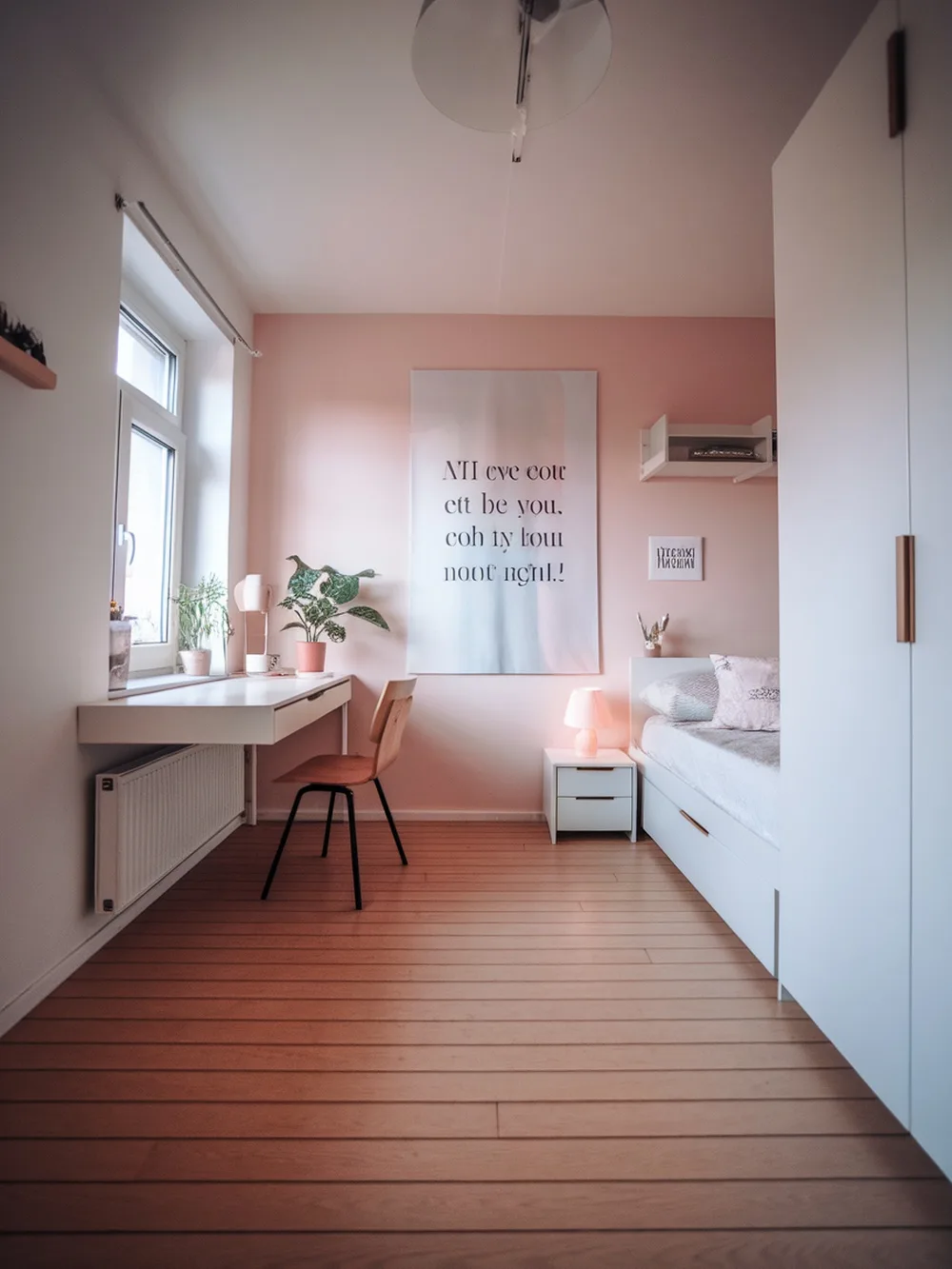 A minimalist teen bedroom with light pink walls, a desk, and a cozy bed.