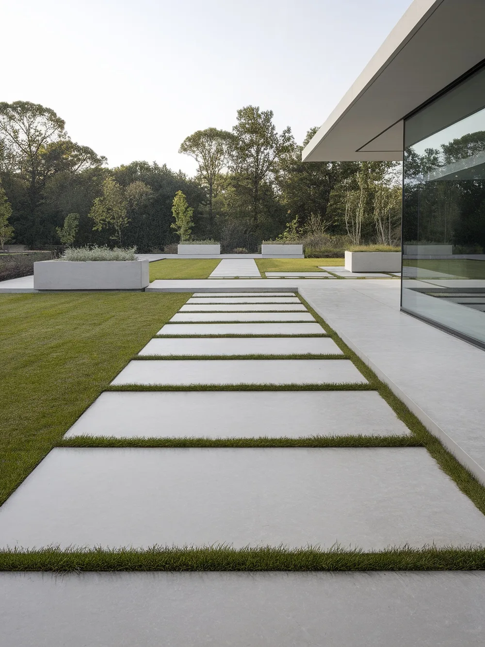 A modern garden pathway with large concrete slabs set in green grass.