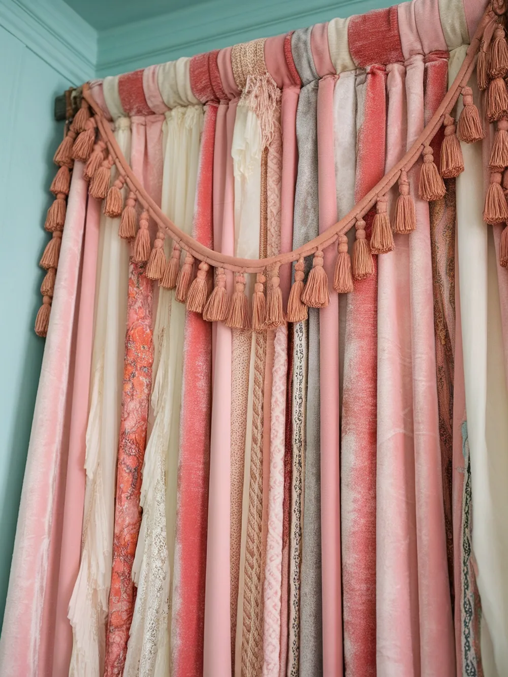A close-up of mixed fabric tassel curtains in soft pinks and creams, featuring various textures and patterns with tassels at the top.