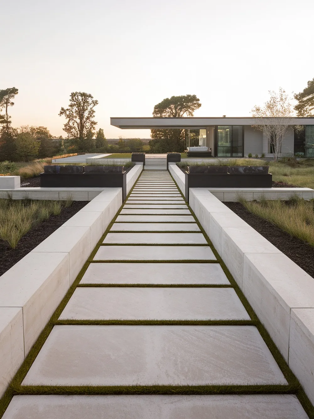 A modern geometric paver walkway with large rectangular stones and grass in between, leading to a contemporary home.