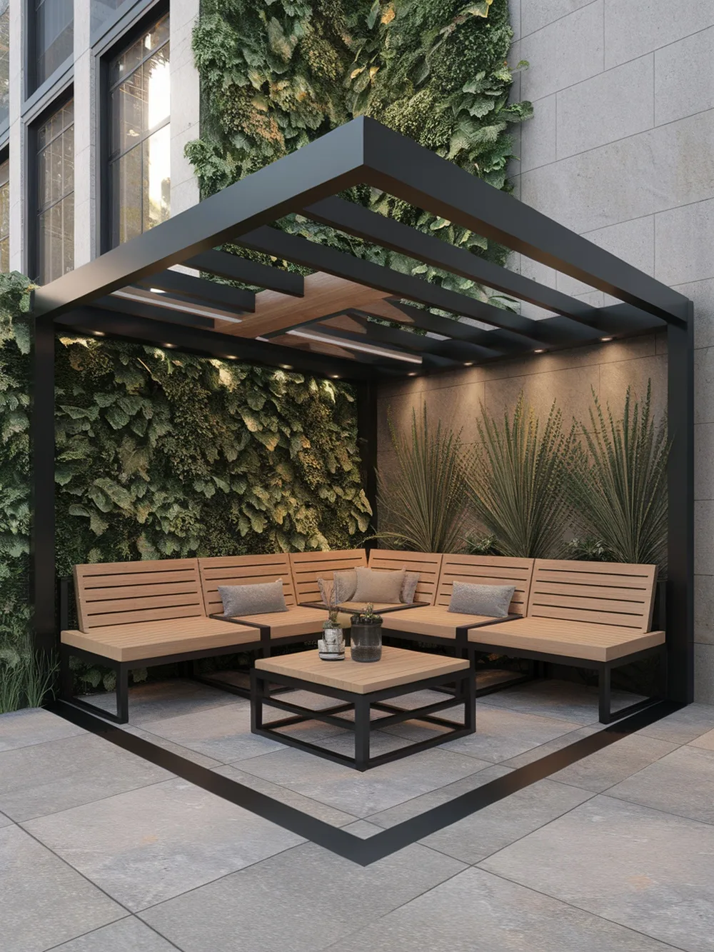 A modern pergola with built-in seating surrounded by greenery.