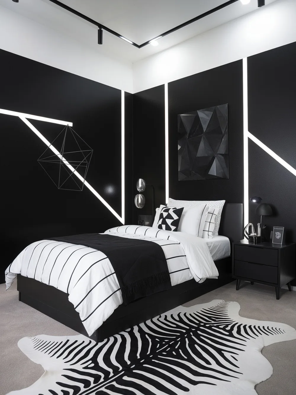 A stylish black and white bedroom featuring black walls, striped bedding, and geometric decor.