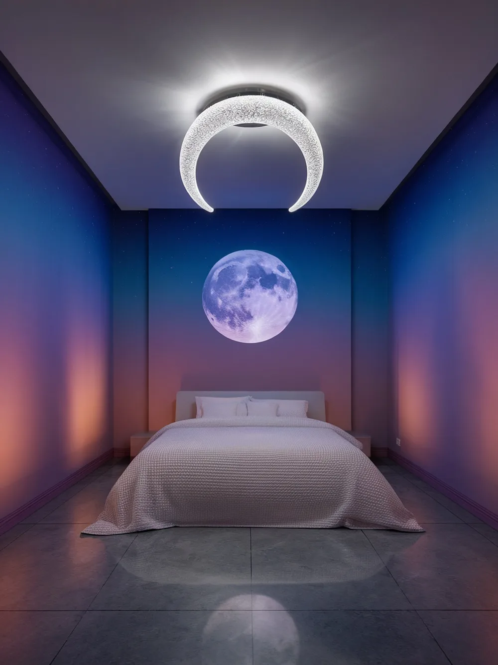 A modern bedroom with a moon mural and a crescent-shaped light fixture.