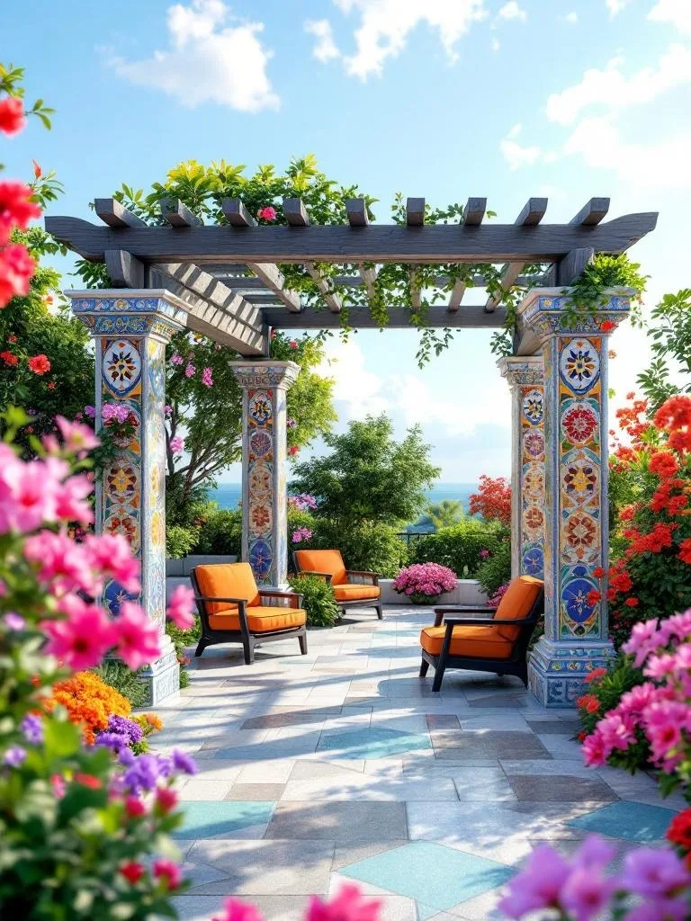 A colorful mosaic pergola with tile accents, featuring red chairs and surrounding greenery.