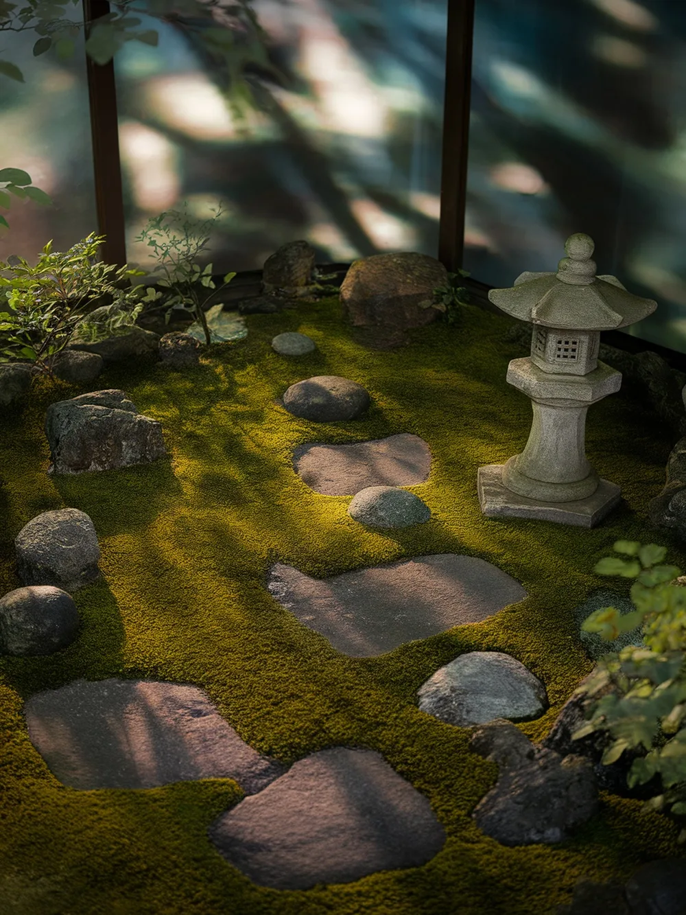 A serene moss garden with stepping stones and a lantern, surrounded by greenery.