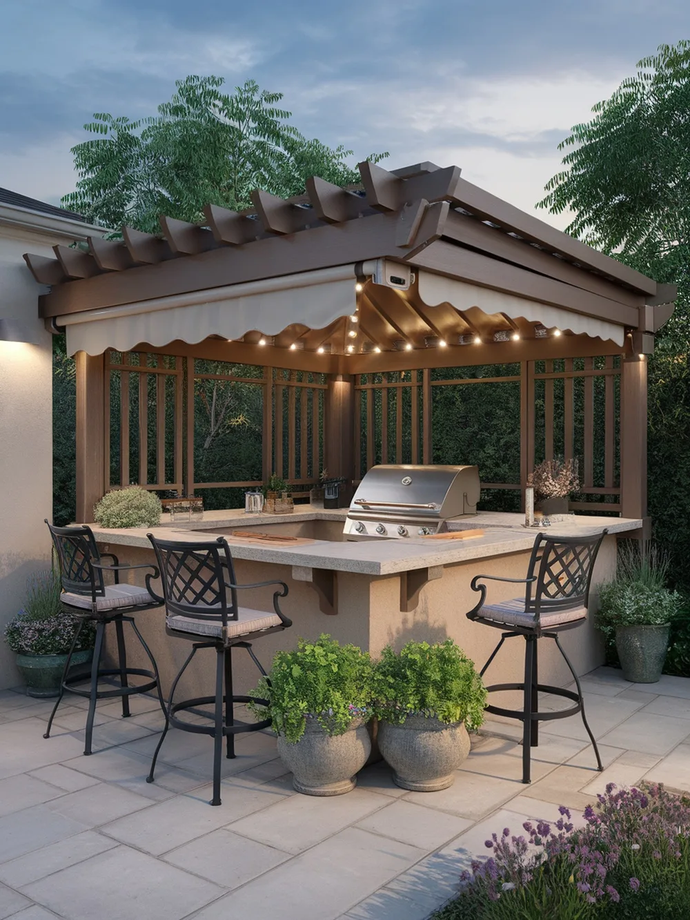 A corner pergola with a BBQ setup, featuring a grill, bar stools, and decorative plants.