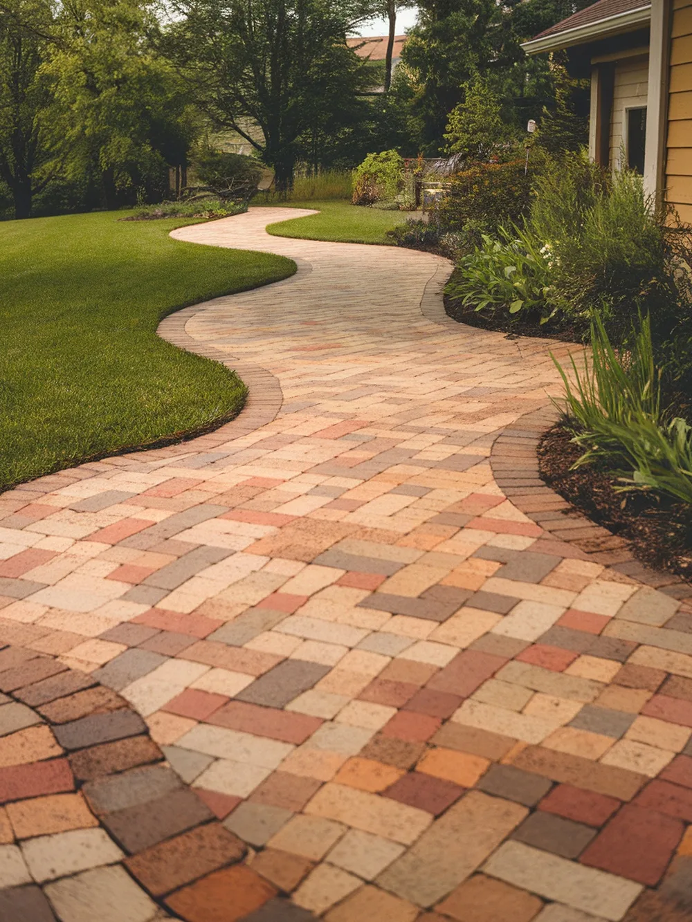A winding multi-tone paver walkway surrounded by green grass and plants.