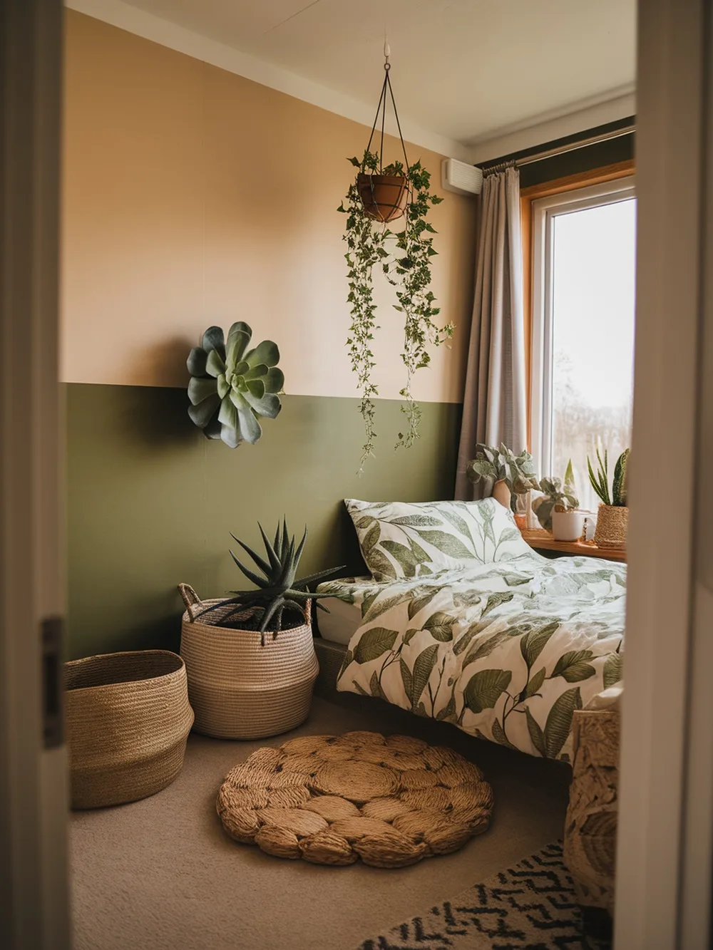 A cozy teen bedroom with botanical decor, featuring leafy bedding, potted plants, and earthy tones.