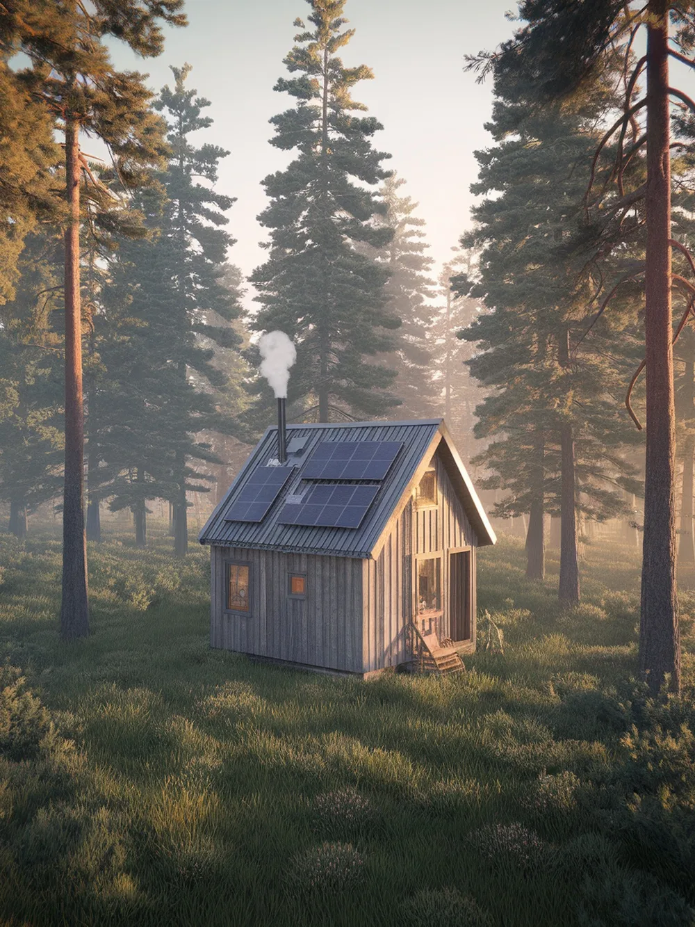 A tiny house in the woods with solar panels on the roof, surrounded by tall trees and grass.