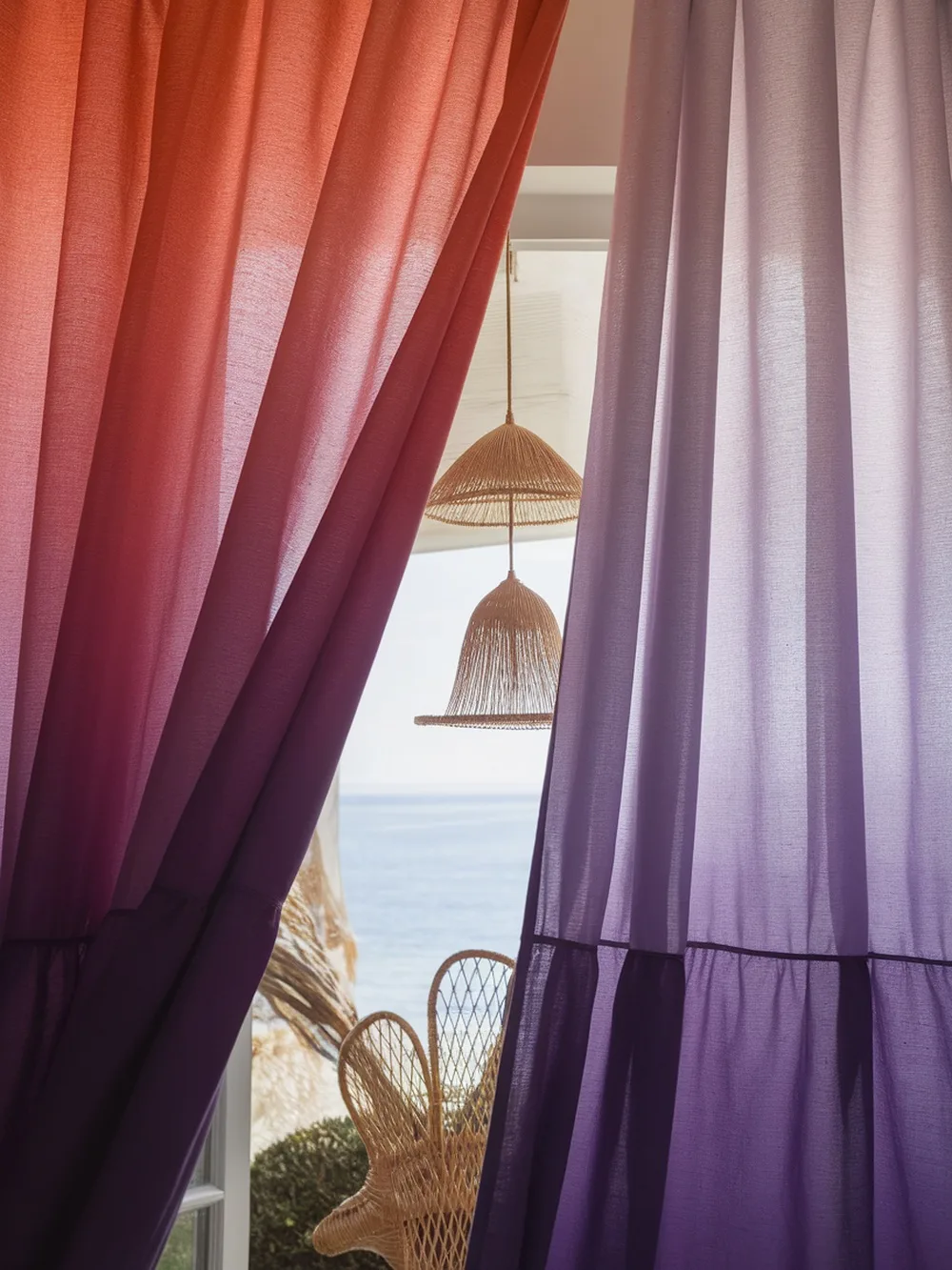 Two ombré curtains in sunset colors, transitioning from red to purple, with a view of the sea in the background.