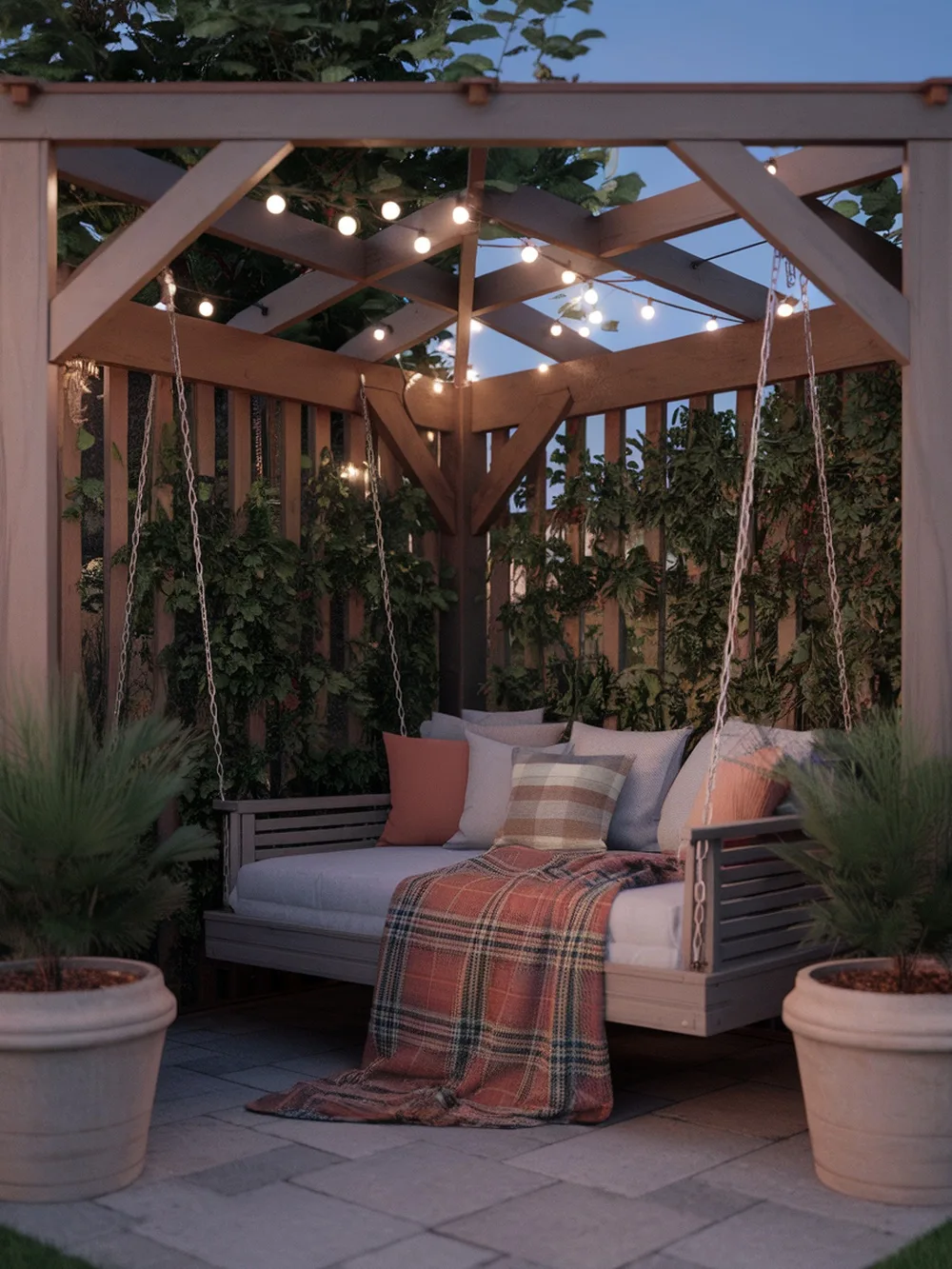 Open-sided pergola with a swing bed, surrounded by plants and string lights.