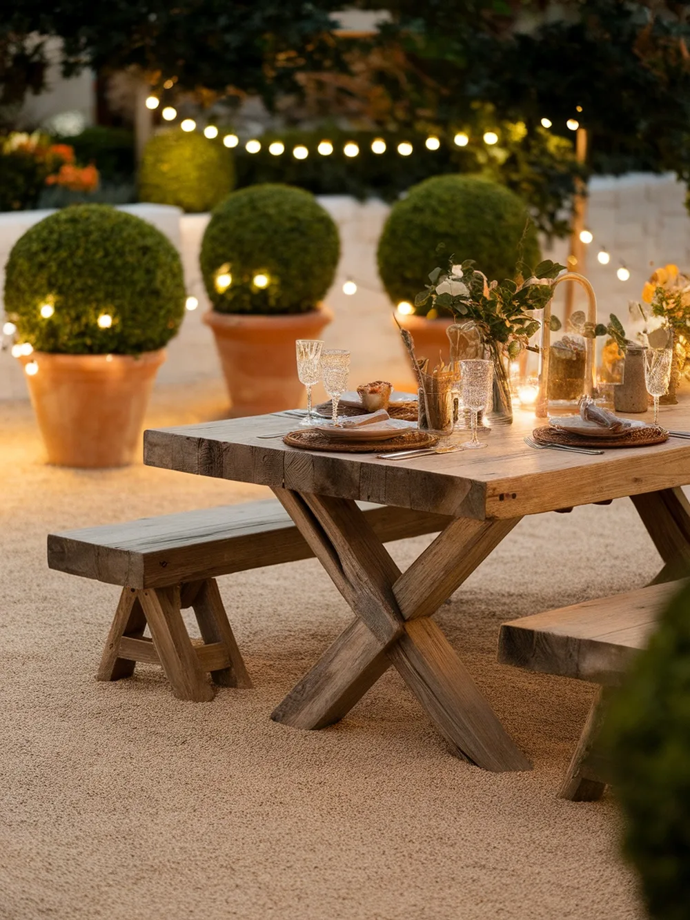 Outdoor dining area featuring a wooden table and chairs on a gravel surface, surrounded by greenery and string lights.