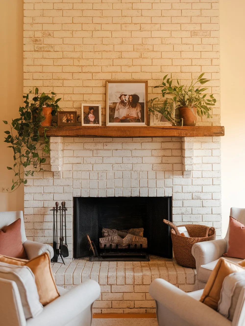 A cozy living room with a painted brick fireplace, framed photos, and plants.