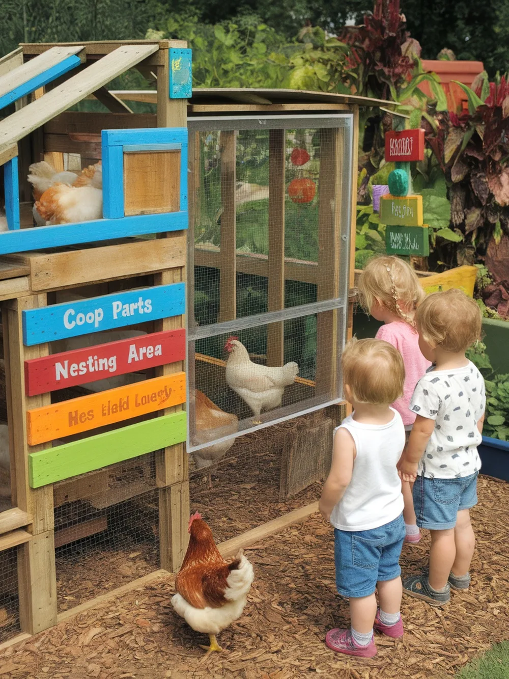 Children observing chickens through a colorful pallet chicken coop with an observation window.