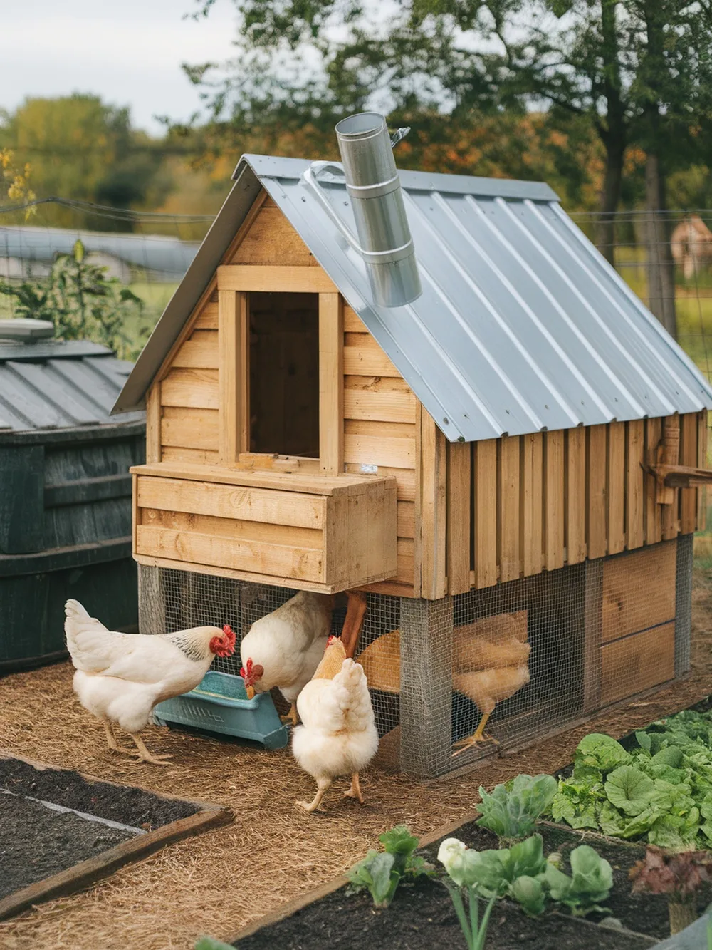 A wooden pallet chicken coop with a sloped roof for rainwater collection, surrounded by garden beds and chickens.