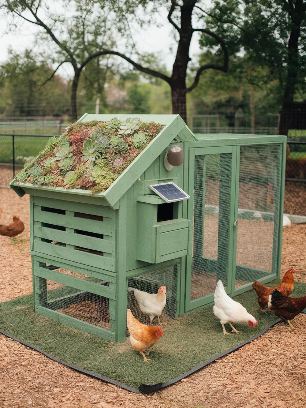 Pallet chicken coop with a green roof and attached run, surrounded by chickens.