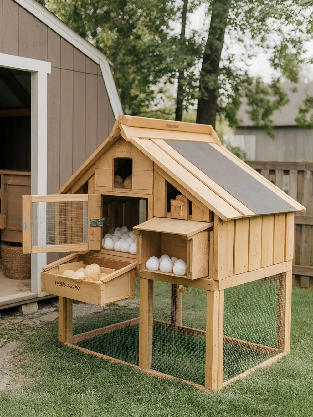 A wooden pallet chicken coop with built-in storage and a feed station, featuring a cozy design and an elevated structure.