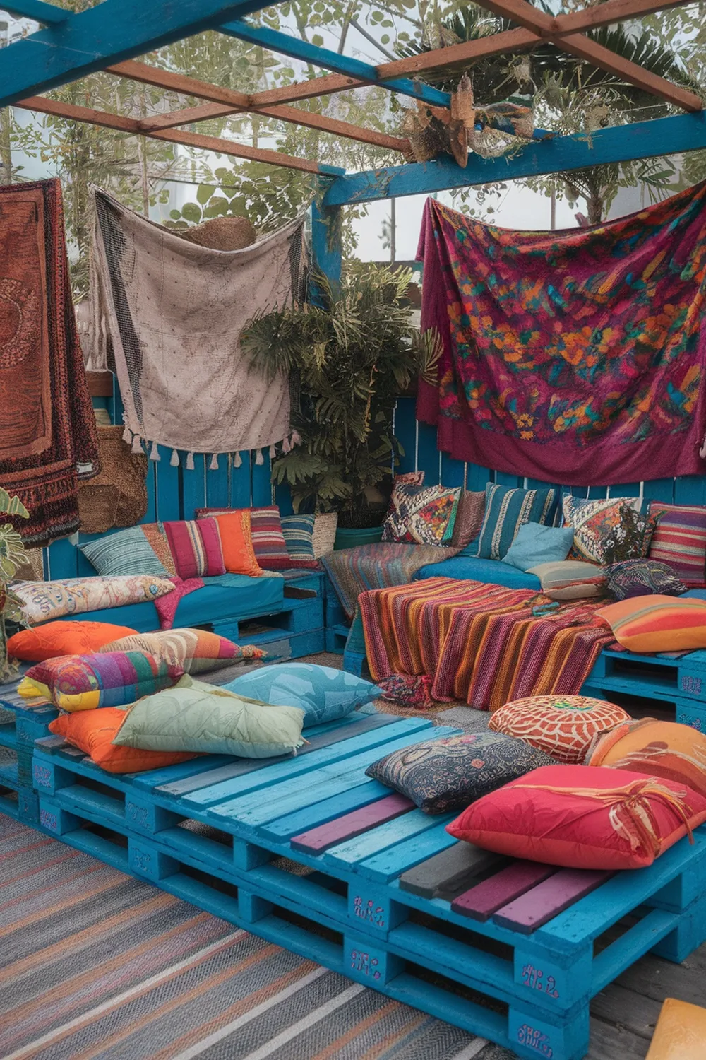 Cozy outdoor lounge area with colorful pallet furniture and cushions