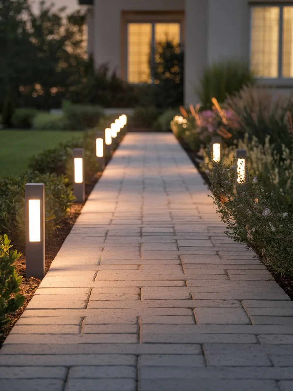 A paver walkway illuminated by solar path lights at dusk.