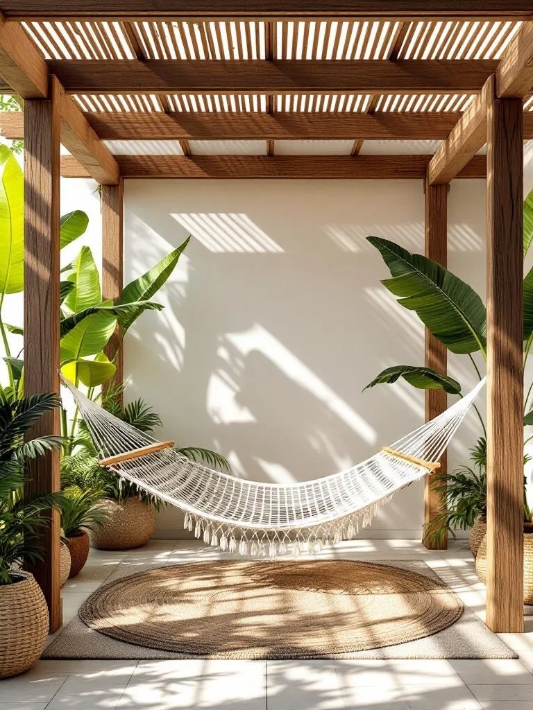 A cozy corner pergola with a hammock surrounded by lush plants.