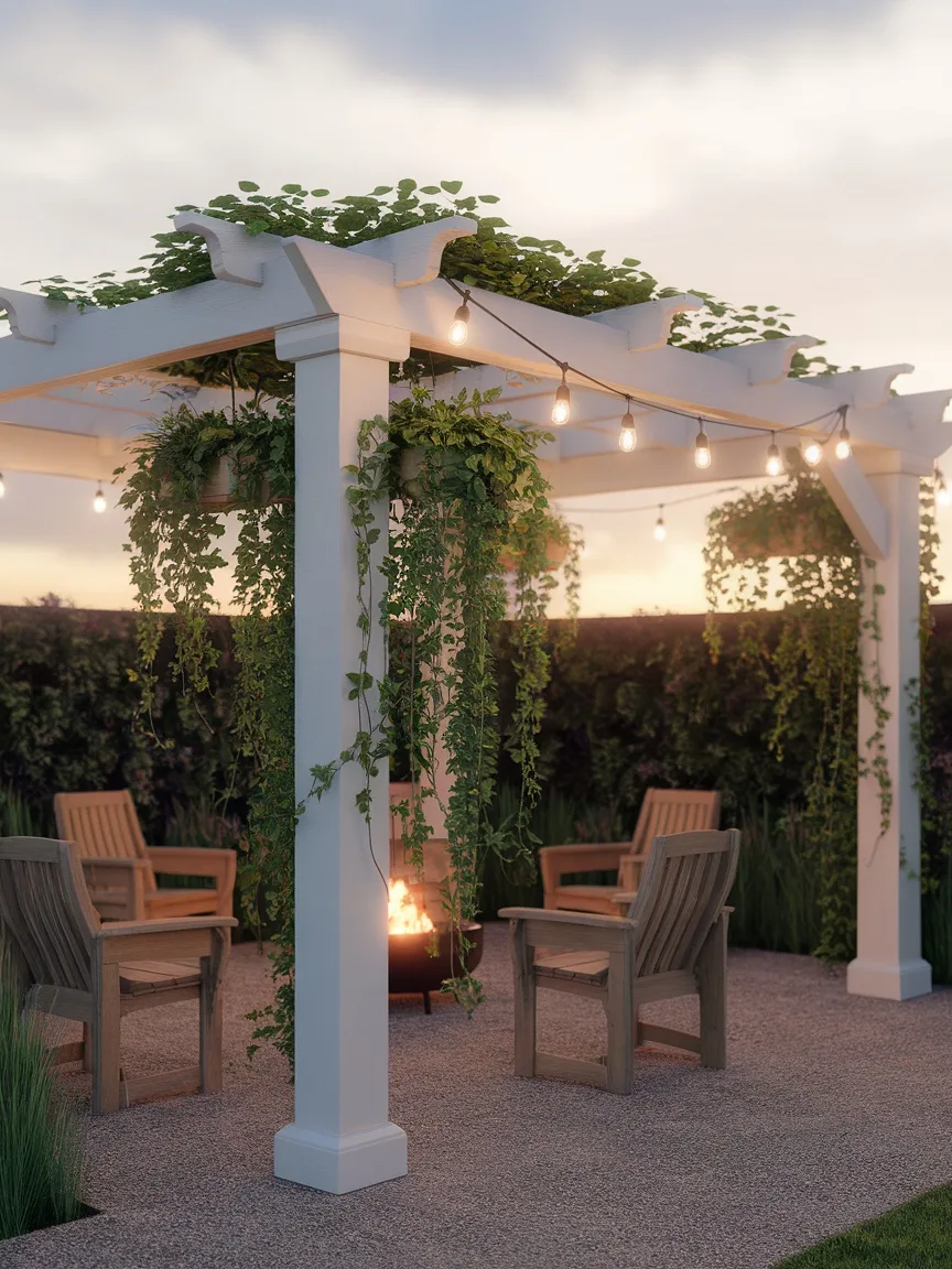 A corner pergola with hanging planters and string lights, featuring wooden chairs around a fire pit.