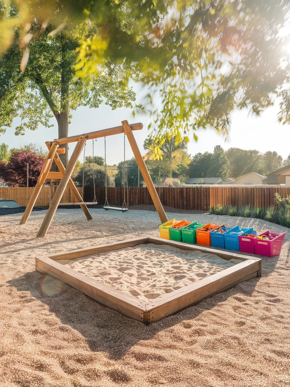 Play area with a swing set and sandbox on gravel surface