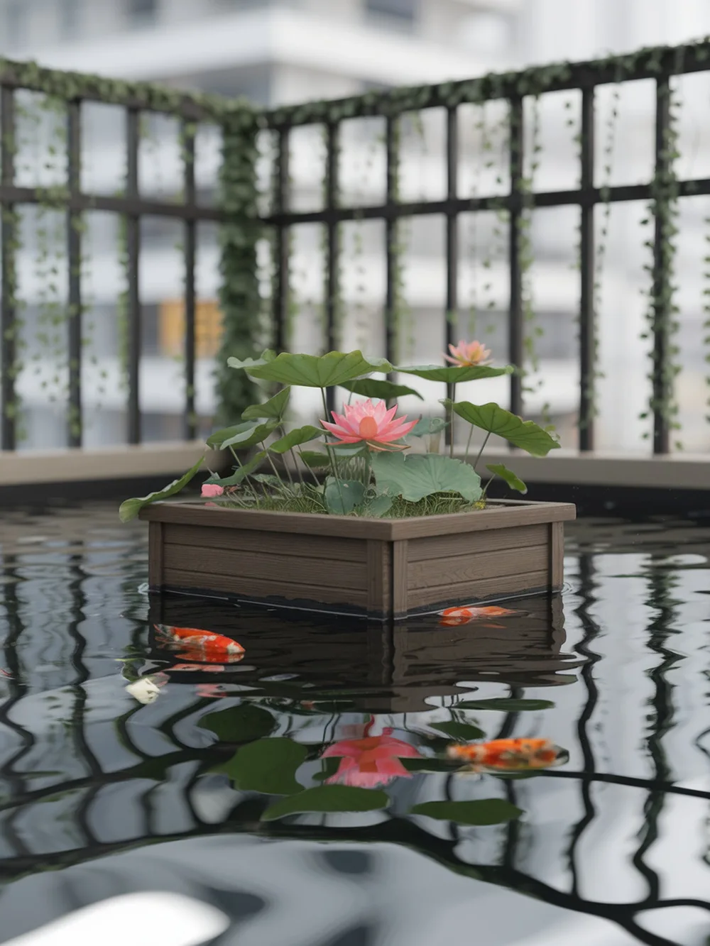 A small water garden with pink lilies and koi fish on a balcony.