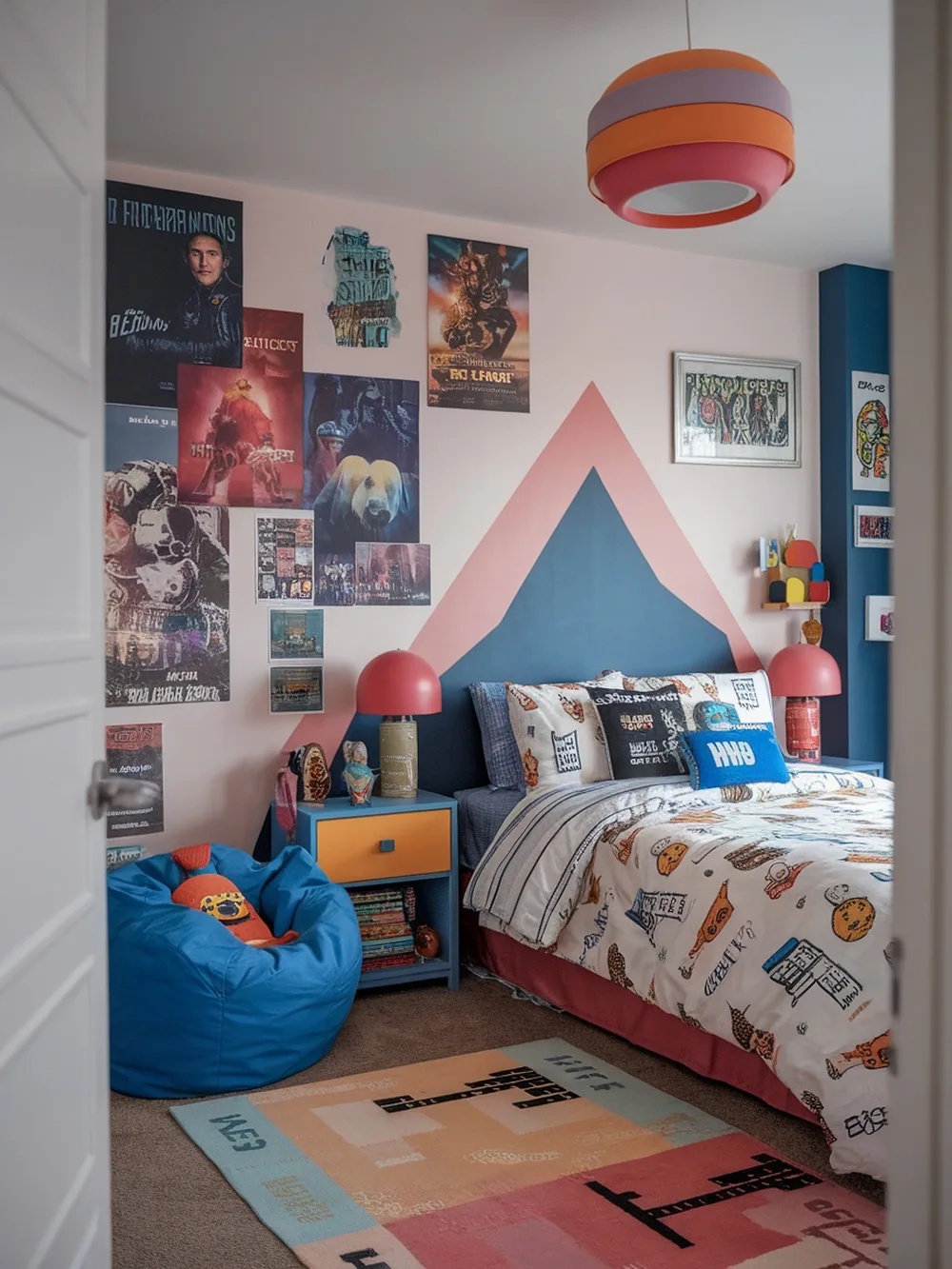 A vibrant teen girl bedroom filled with pop culture posters, colorful decor, and a cozy atmosphere.