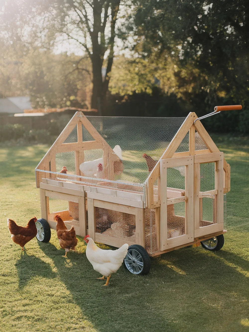 A portable chicken tractor made from pallets, featuring a roof and wheels, with chickens roaming nearby.