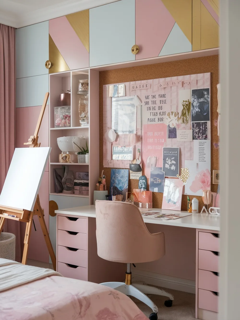 A stylish teen girl's bedroom featuring a pink and blue color scheme, a workspace with an easel, and a corkboard filled with inspiration.