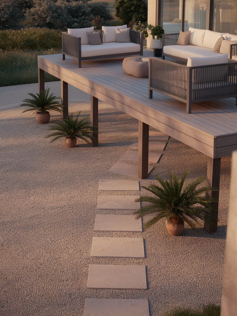 A raised wooden deck with seating overlooking a gravel yard, featuring potted plants and stepping stones.