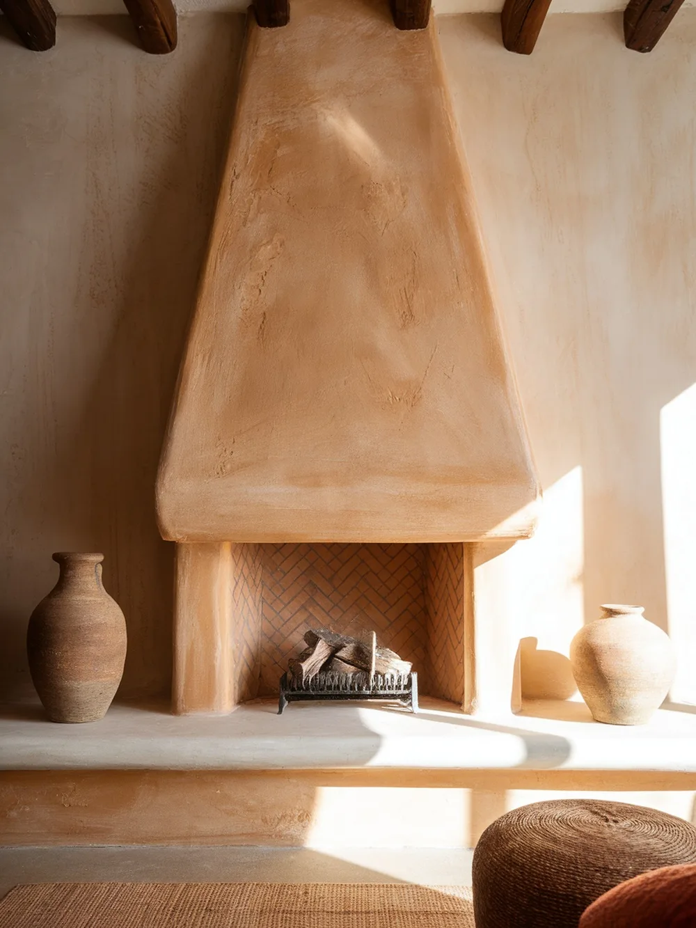 A cozy fireplace with a raw plaster accent wall, showcasing earthy tones and a rustic vibe.