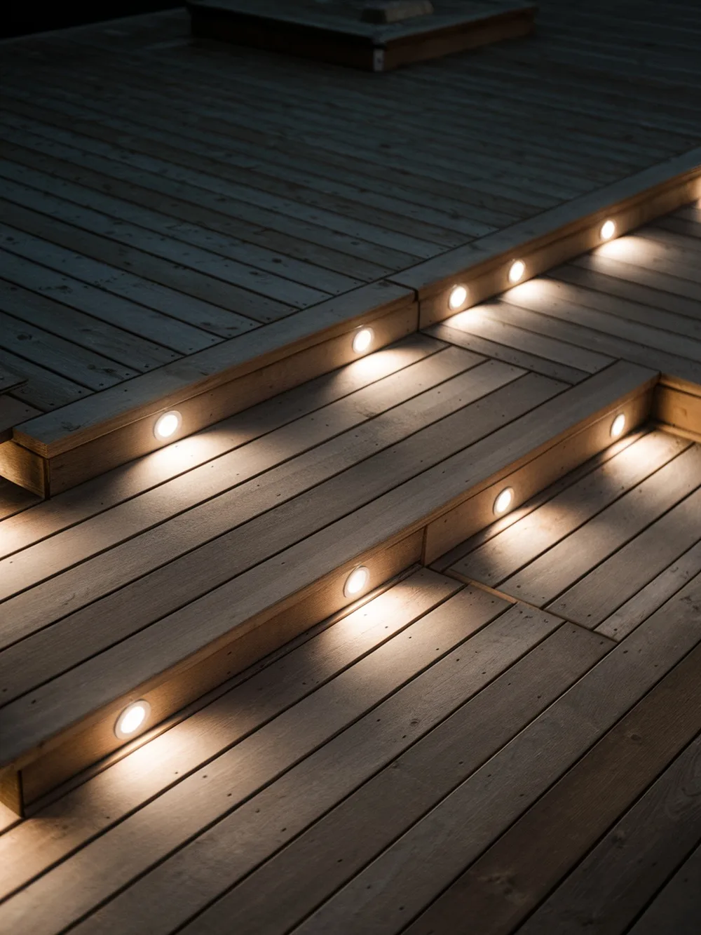 Recessed lights illuminating wooden deck steps