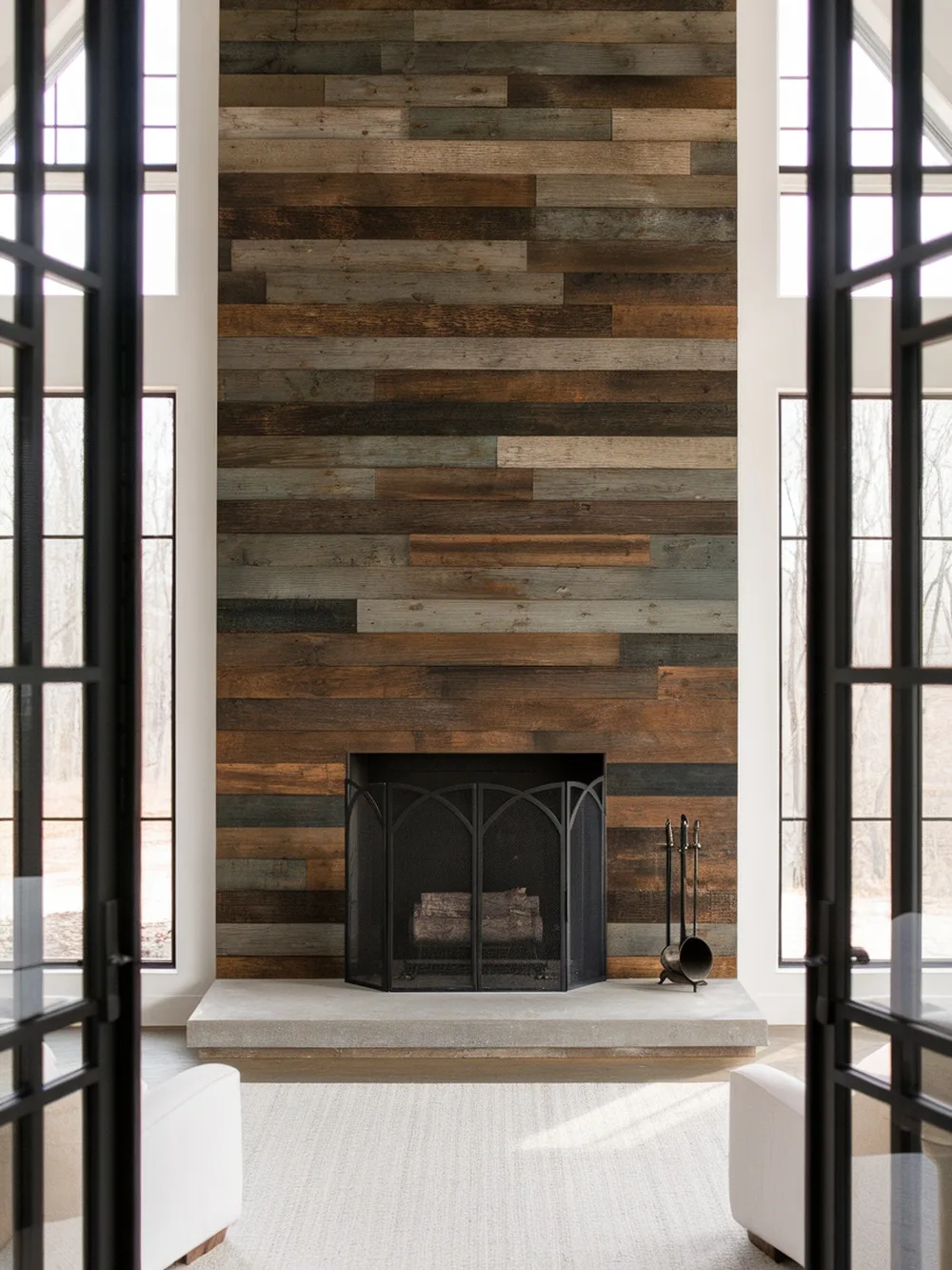 A fireplace with a reclaimed wood panel accent wall, featuring a modern design and cozy atmosphere.