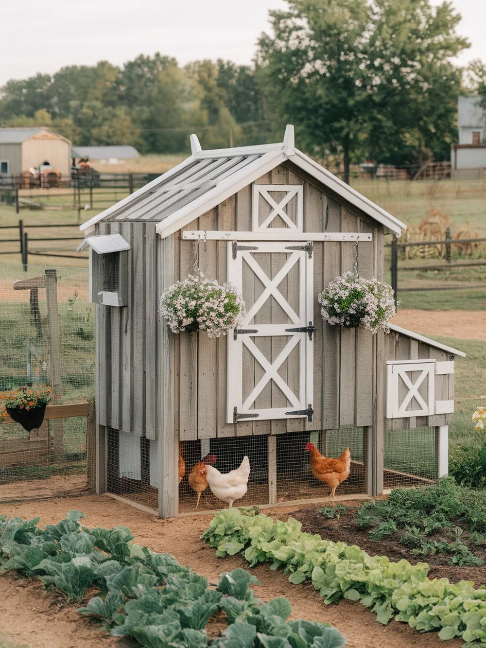 A rustic farmhouse-style chicken coop made from pallets, featuring a sloped roof, white accents, and hanging flower pots, surrounded by a garden.
