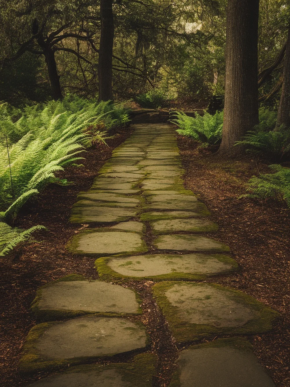 A rustic flagstone walkway surrounded by ferns and trees, with moss growing between the stones.