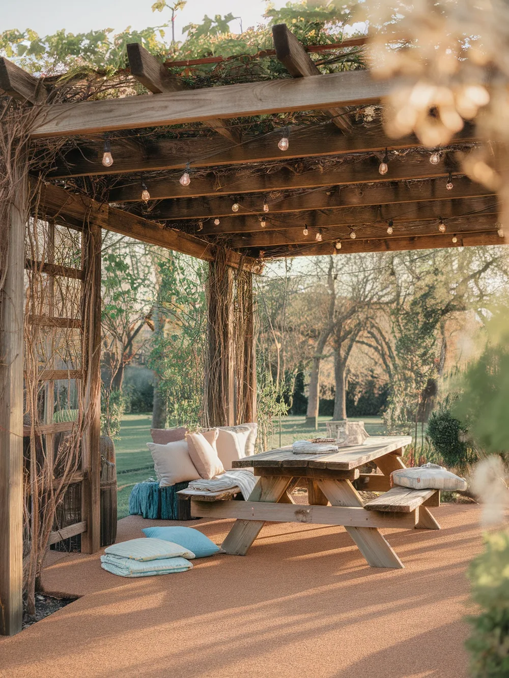 A rustic gravel seating area with a wooden pergola, string lights, and a picnic table surrounded by cushions.
